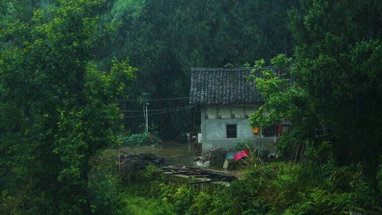 夏天夏至四川乡村下雨古建筑老房子