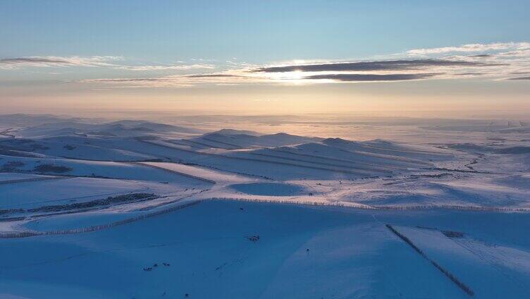航拍4K东北雪域雪原日落
