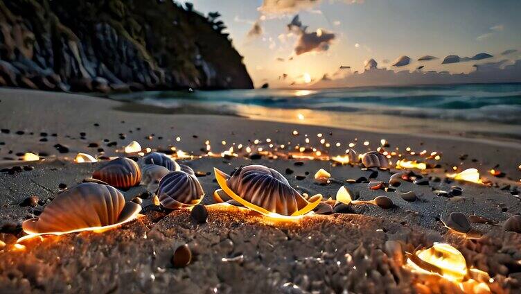 唯美海边，发光的贝壳