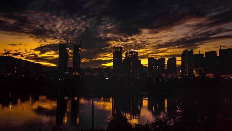 夕阳城市高楼水面倒影延时