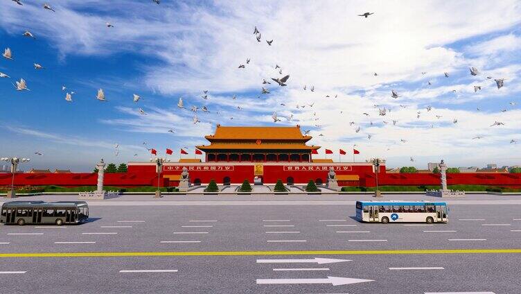 中国北京天安门广场和平鸽飞过空镜头