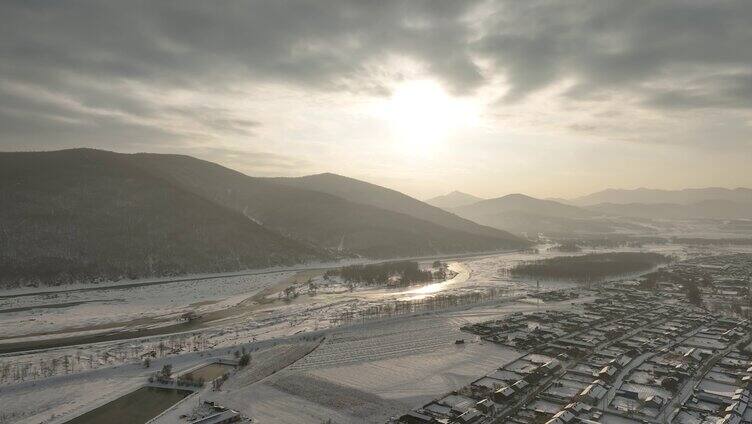 航拍内蒙古冬季村庄雪景