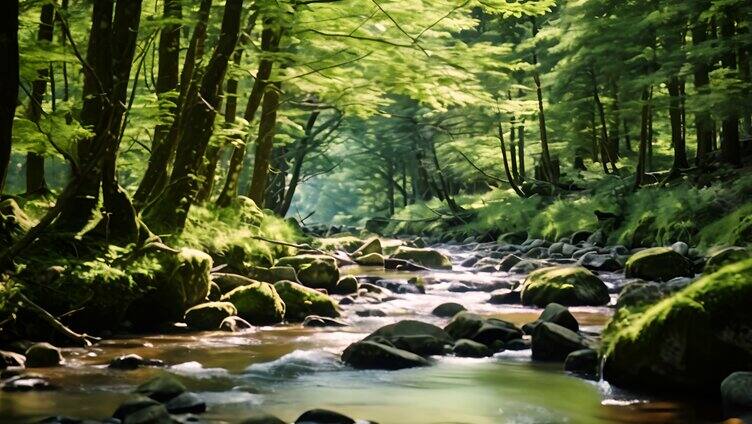 森林中的溪流小溪河流 天然纯净水源