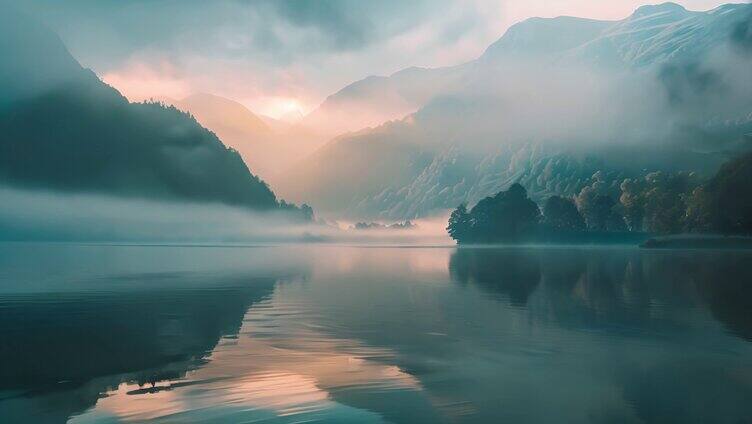 湖面早晨雾气 日出浓雾 山水风 水墨风