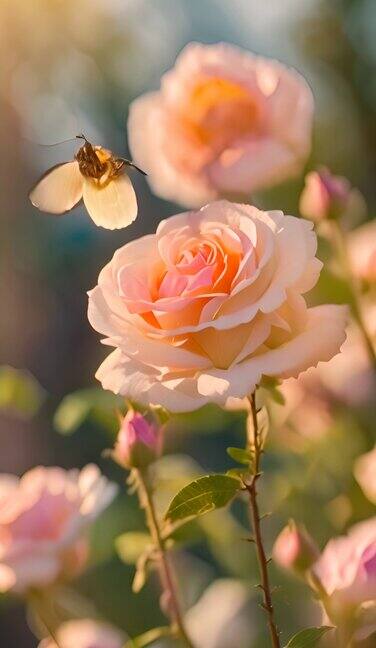 蜂蜜停留在玫瑰花上