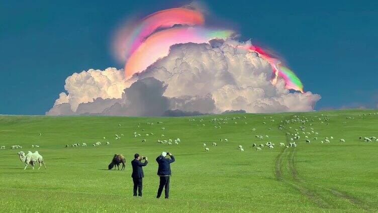 草原 羊群 七彩云 素材 天空