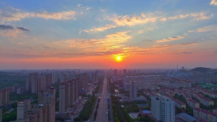 航拍枣庄新城光明路夜景车流