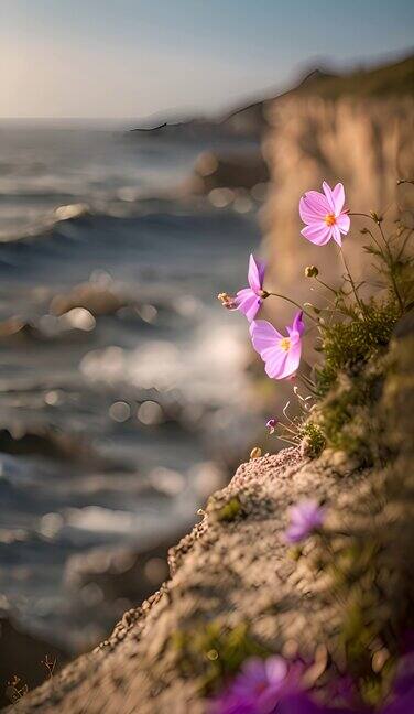 悬崖峭壁顽强的小紫花