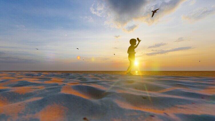 在海边沙滩上拿纸飞机奔跑追逐梦想的小孩