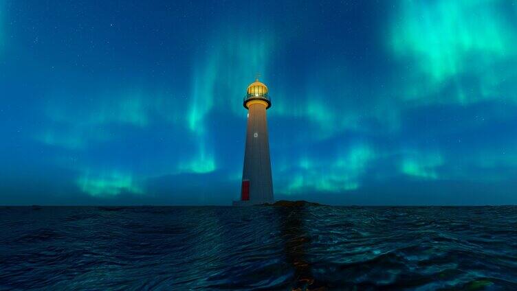 夜晚星空和北极光下的海上灯塔