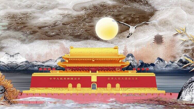  国潮风格建筑 鎏金中国山水画古风背景