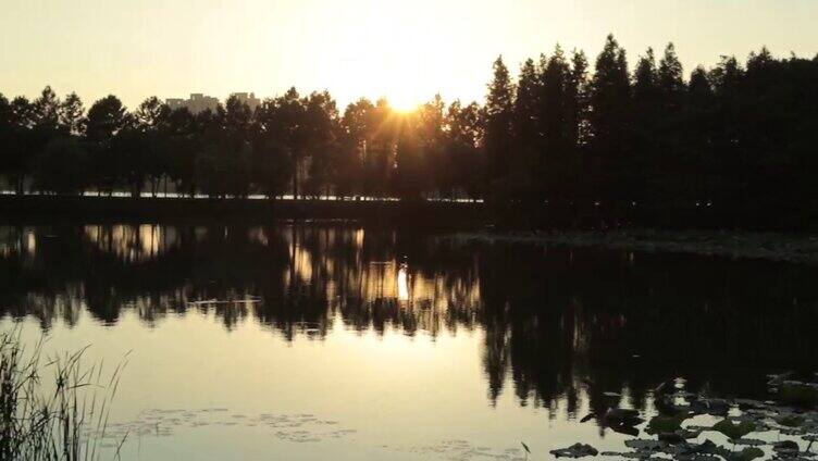 太阳下山了 夕阳下湖中倒影