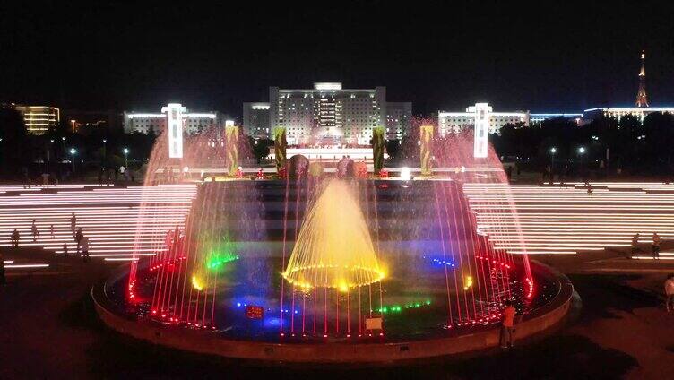 航拍枣庄新城美丽的喷泉