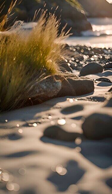 沙滩边的礁石上，顽强的小草在风中摇曳