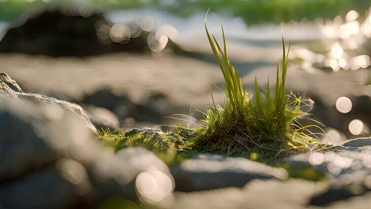 沙滩边的礁石上，顽强的小草在风中摇曳