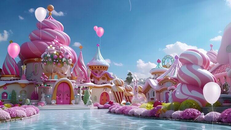 卡通粉色气球城堡背景