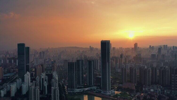 长沙城市航拍日落朝霞晚霞与夜景4K