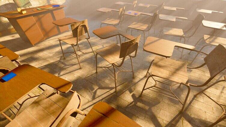 阳光照进被废弃的破旧空教室视频
