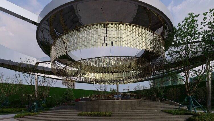公园艺术雕塑装置大圆形廊架4K视频素材