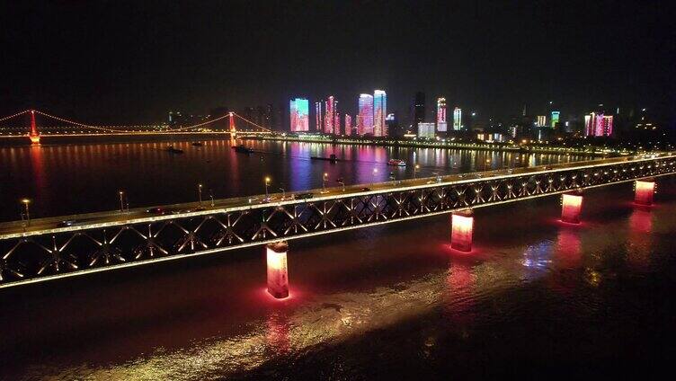 4K航拍武汉夜景长江大桥长江沿岸灯光秀视
