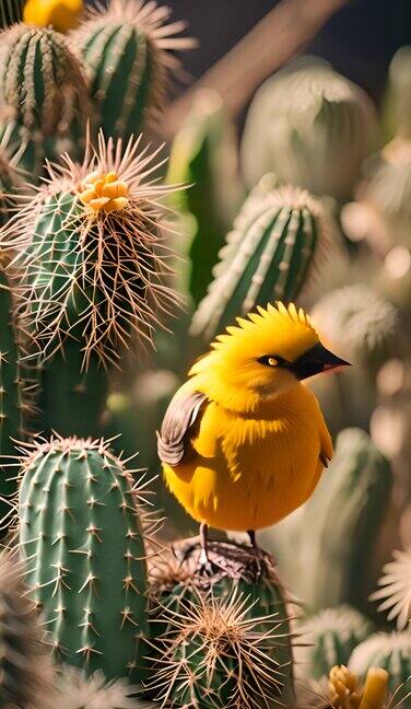 坐在仙人掌上的黄鸟的逼真特写，柔和的色彩
