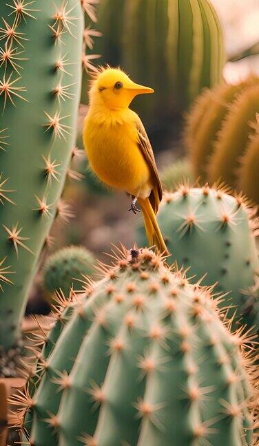 坐在仙人掌上的黄鸟的逼真特写，柔和的色彩