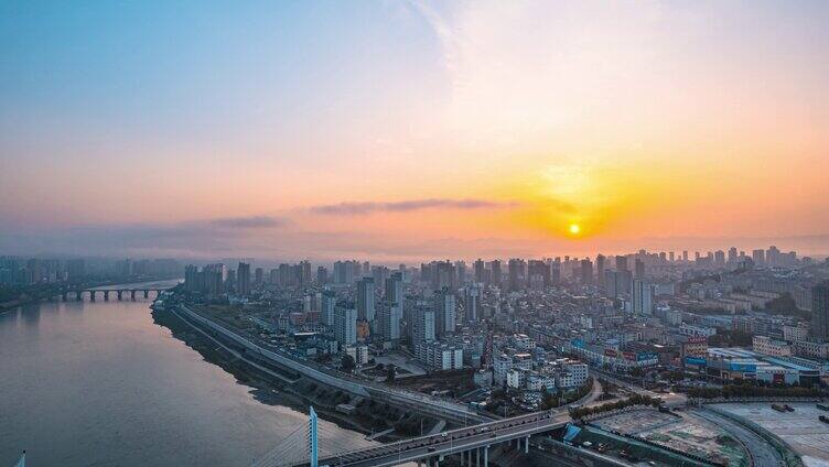8K陕西安康汉江大桥城市日出航拍延时