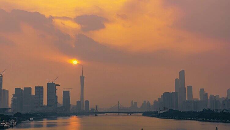 8K雾霾朦胧的广州珠江日落风光延时