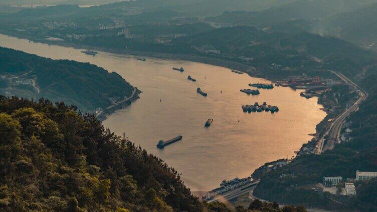 8K长江三峡自然风光晚霞船只航运延时视频