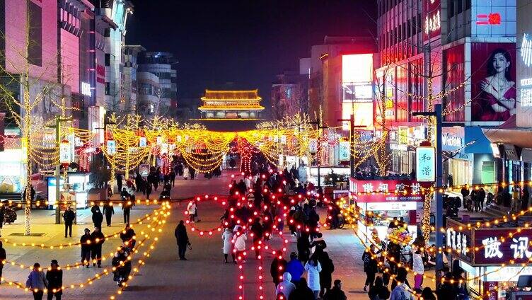 航拍 人流攒动的商业街夜景