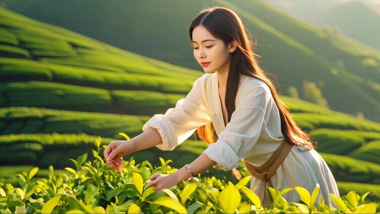 茶园美女采茶茶文化茶山高山茶场