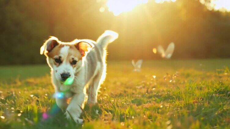 小狗迎着阳光在草地奔跑3