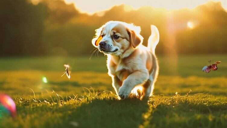 小狗迎着阳光在草地奔跑2
