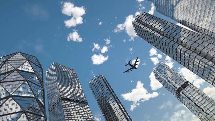 飞机CBD商务金融高楼大厦客机航空