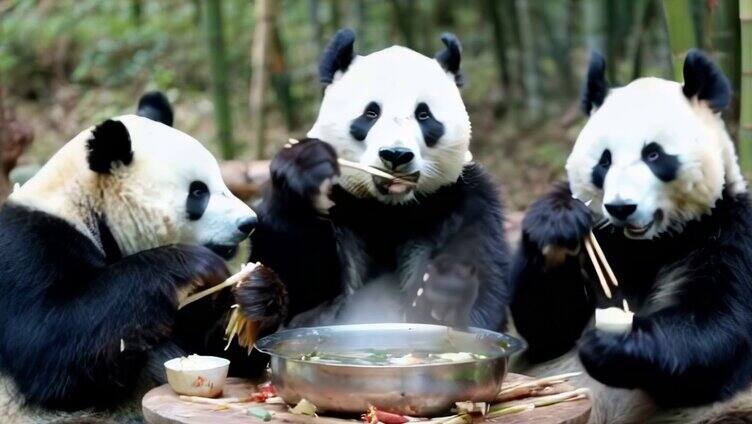 可爱熊猫泡温泉吃火锅享受生活