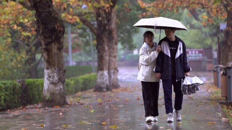秋天情侣雨中散步逛公园