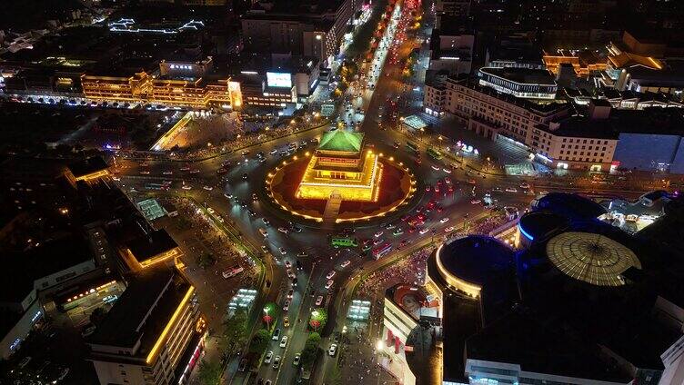 4k西安钟楼夜景航拍延时素材