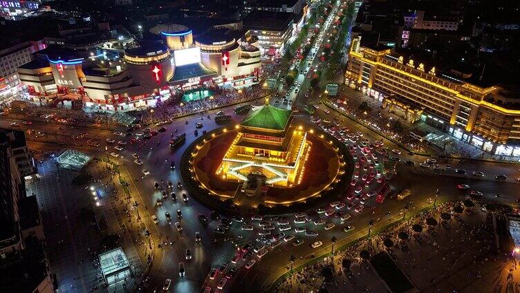 4k西安钟楼夜景航拍延时素材