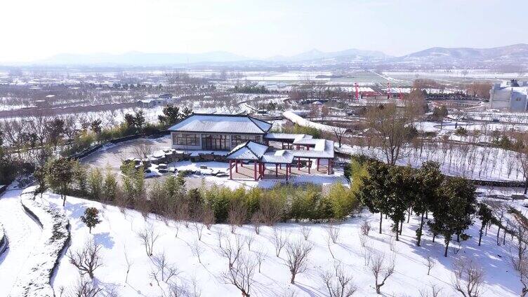 航拍枣庄峄城石榴博览园雪中景色