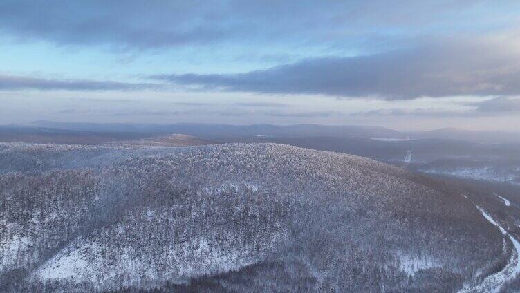 冻雾迷漫的大兴安岭林海雪原暮色