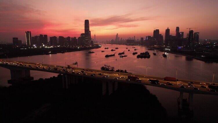 航拍广州珠江的绝美日落晚霞