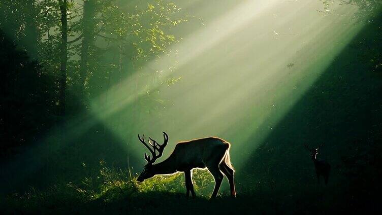 一只优雅的鹿矗立在茂密的绿色森林中，阳光