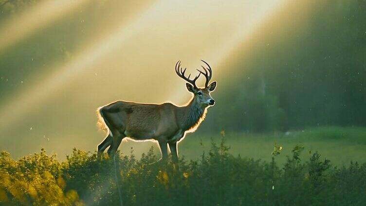 一只优雅的鹿矗立在茂密的绿色森林中，阳光