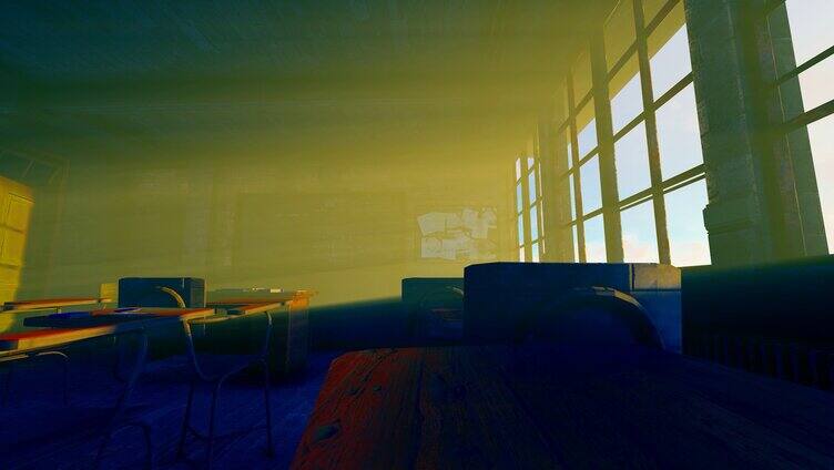 阳光透过空教室窗户