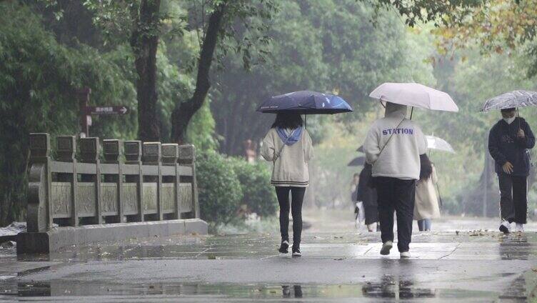 下雨天公园里的行人背影