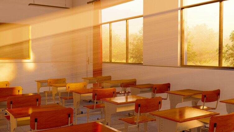夕阳透过窗户照进现代空教室的窗户