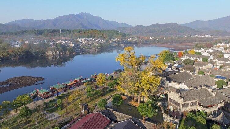 航拍安徽宣城泾县桃花潭风景区老街村庄