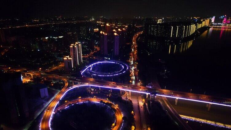 航拍夜晚城市道路交通车流