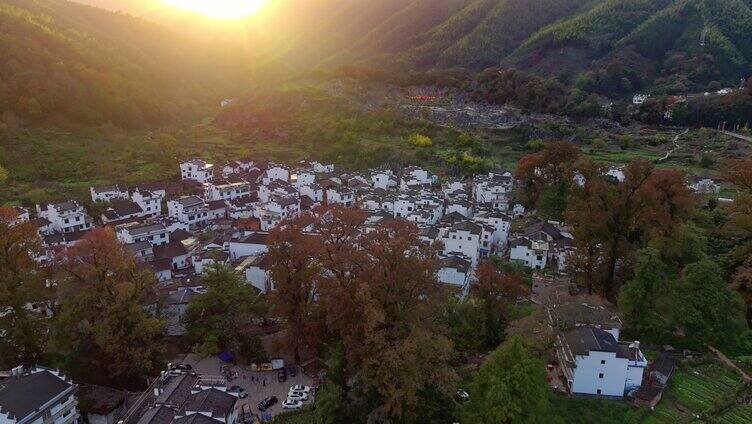 航拍秋天婺源石城红枫叶景区日出日落