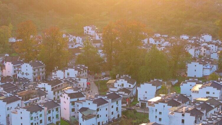 航拍秋天婺源石城红枫叶景区日出日落